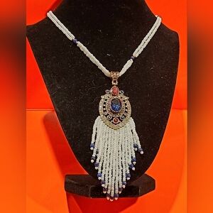 Charm Alloy  Choker Chain Necklace Colored mala Bead Landing White Pearl,Blue